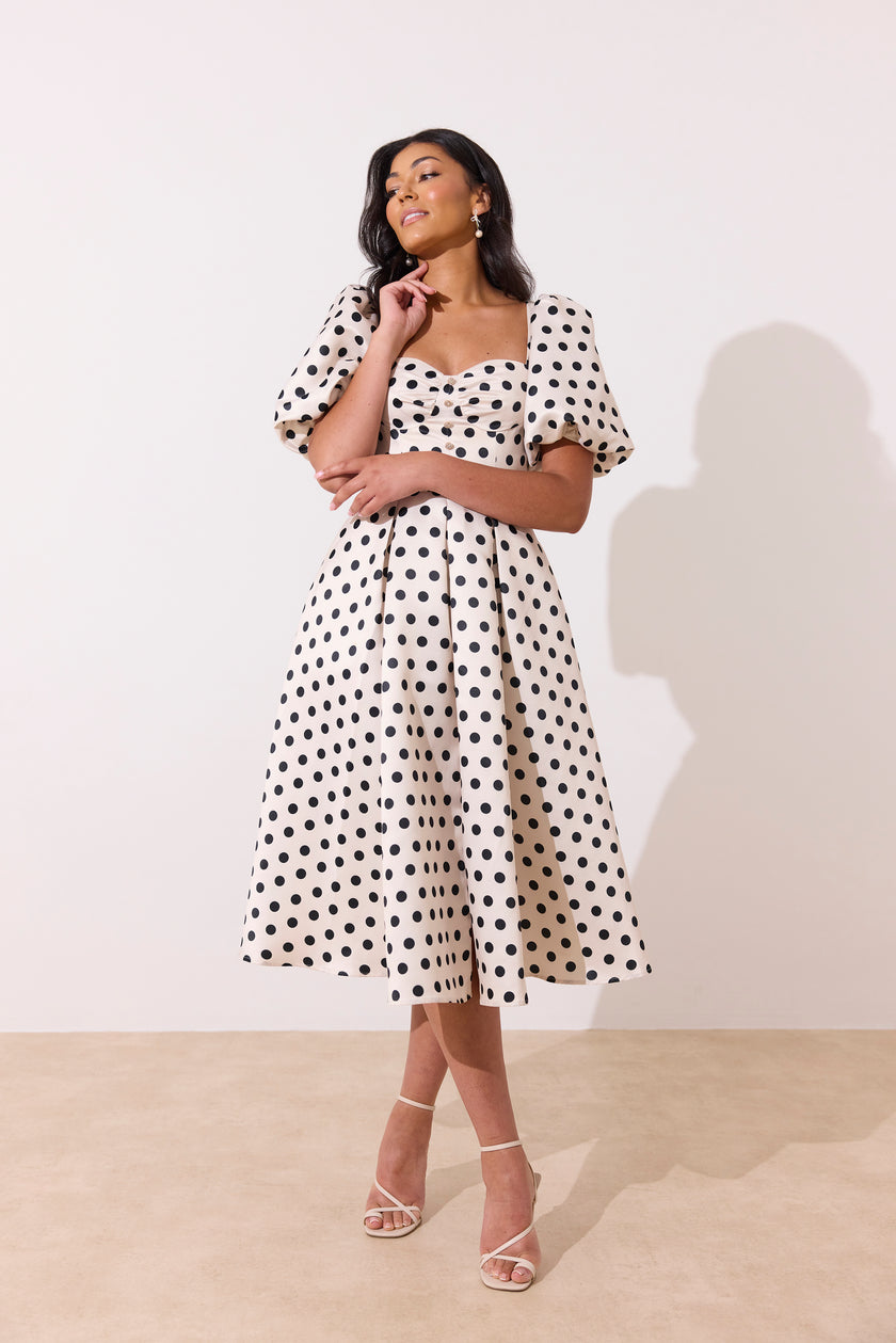 AUDREY PUFF SLEEVE FULL SKIRT DRESS - CHAMPAGNE IVORY POLKA DOT