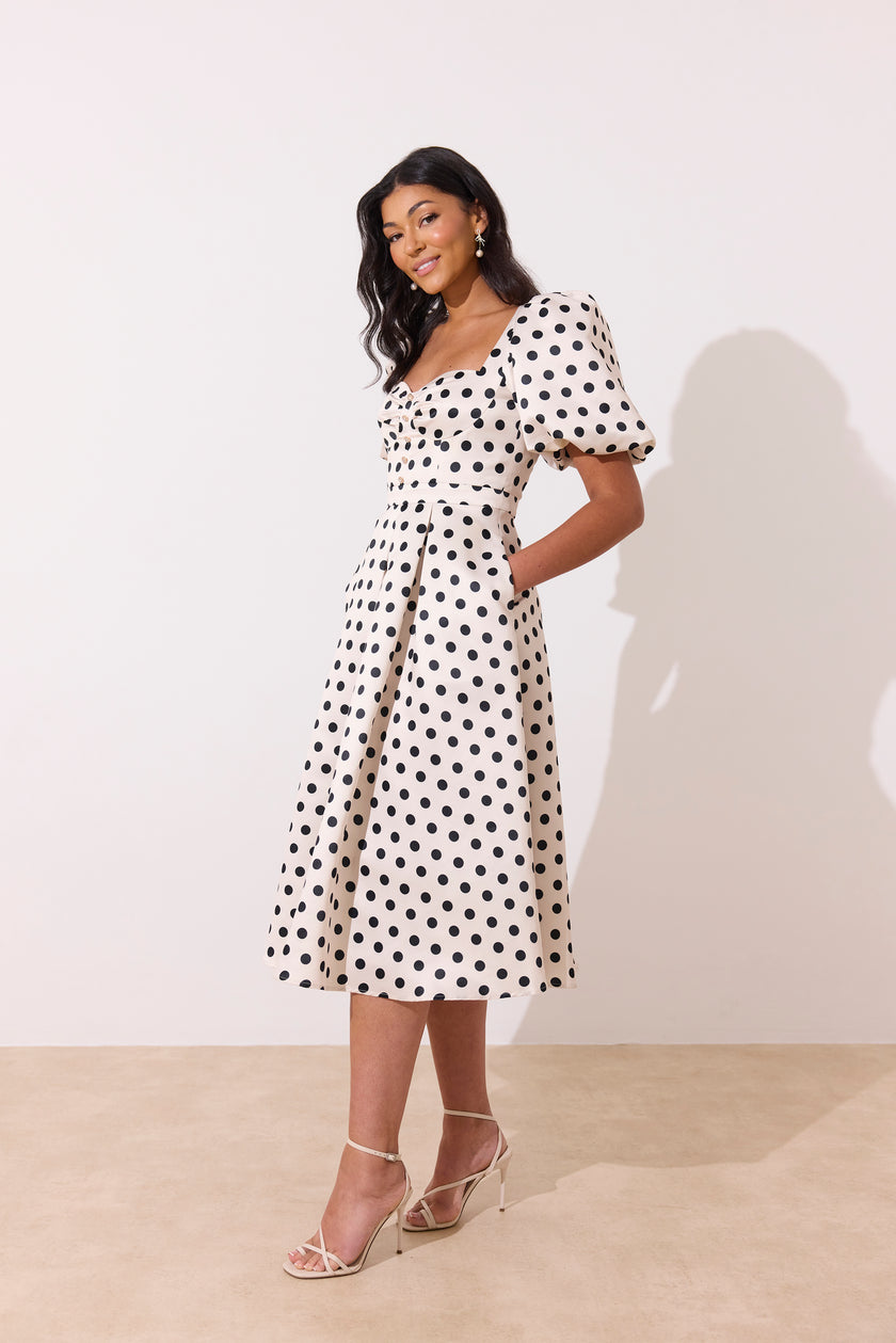 AUDREY PUFF SLEEVE FULL SKIRT DRESS - CHAMPAGNE IVORY POLKA DOT