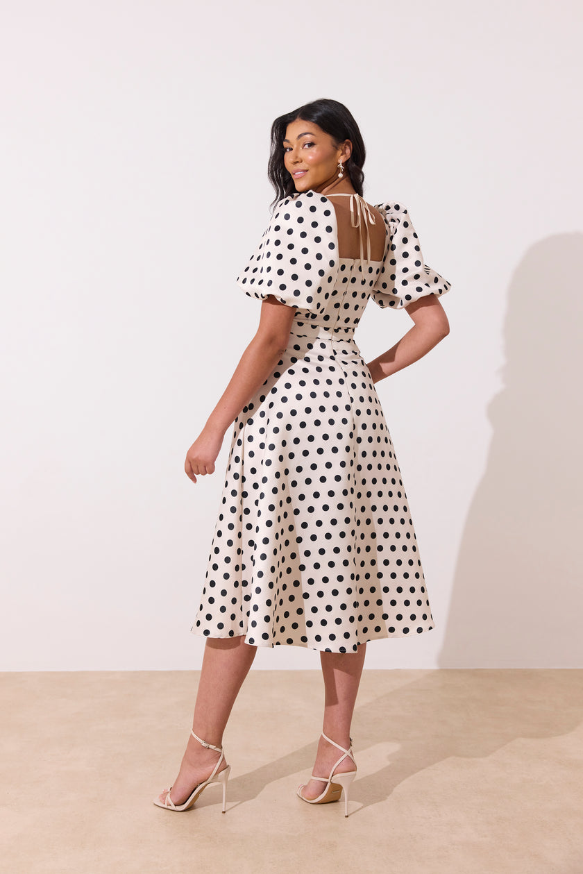 AUDREY PUFF SLEEVE FULL SKIRT DRESS - CHAMPAGNE IVORY POLKA DOT
