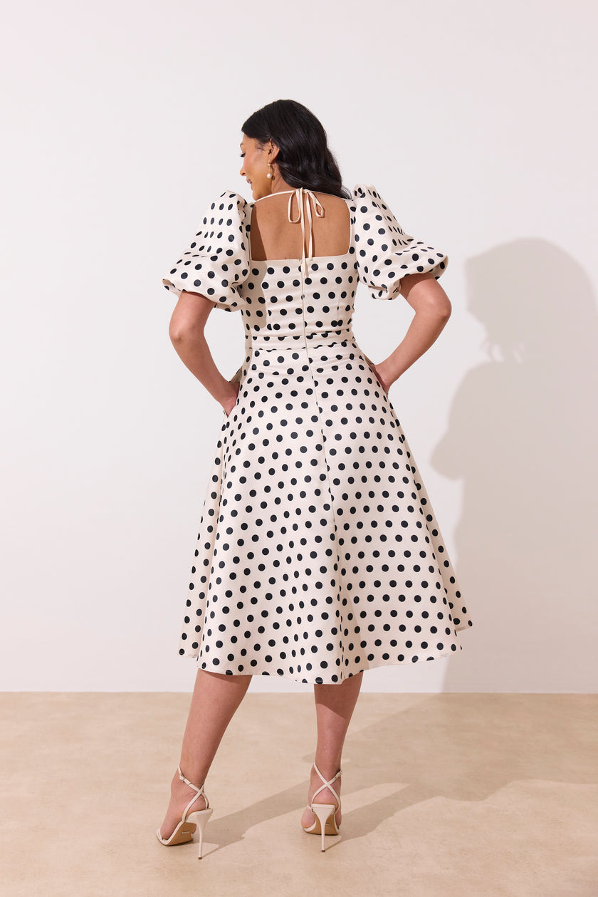 AUDREY PUFF SLEEVE FULL SKIRT DRESS - CHAMPAGNE IVORY POLKA DOT