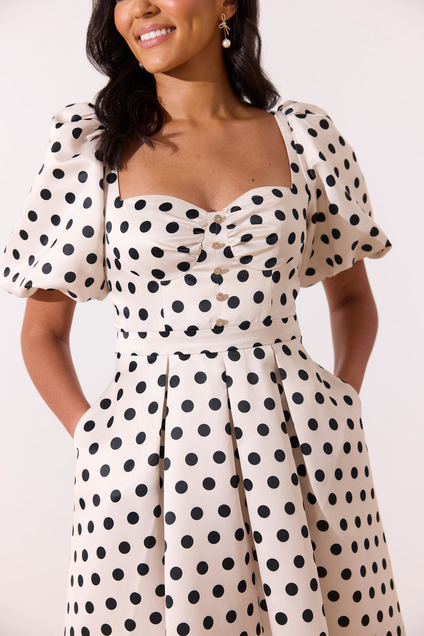 AUDREY PUFF SLEEVE FULL SKIRT DRESS - CHAMPAGNE IVORY POLKA DOT