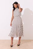 MILLY PLEAT SKIRT POLKA DOT MIDI DRESS - IVORY BLACK