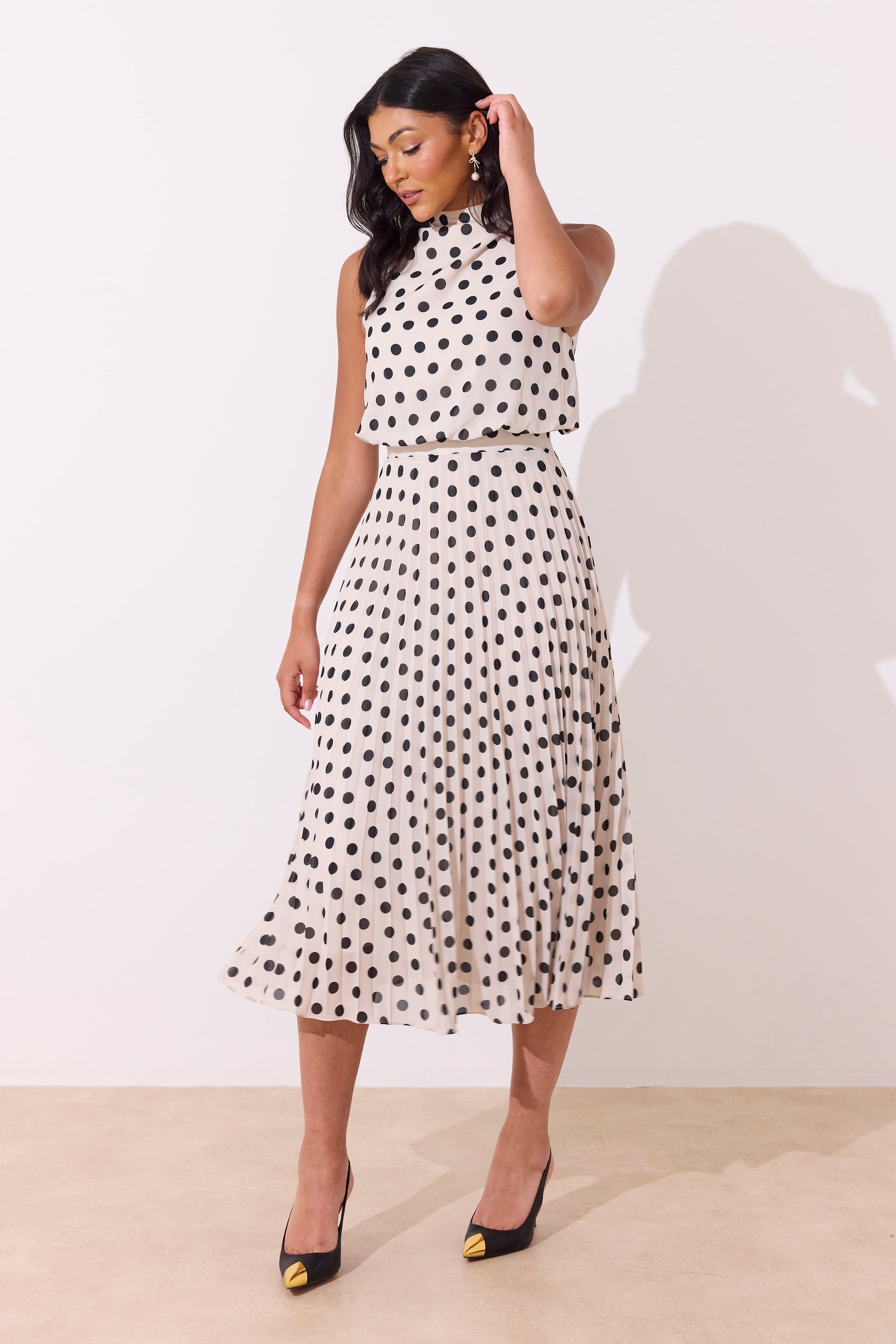 MILLY PLEAT SKIRT POLKA DOT MIDI DRESS - IVORY BLACK