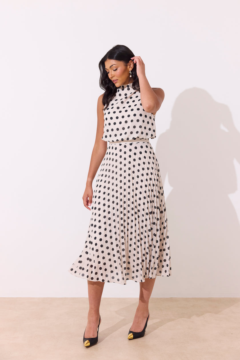 MILLY PLEAT SKIRT POLKA DOT MIDI DRESS