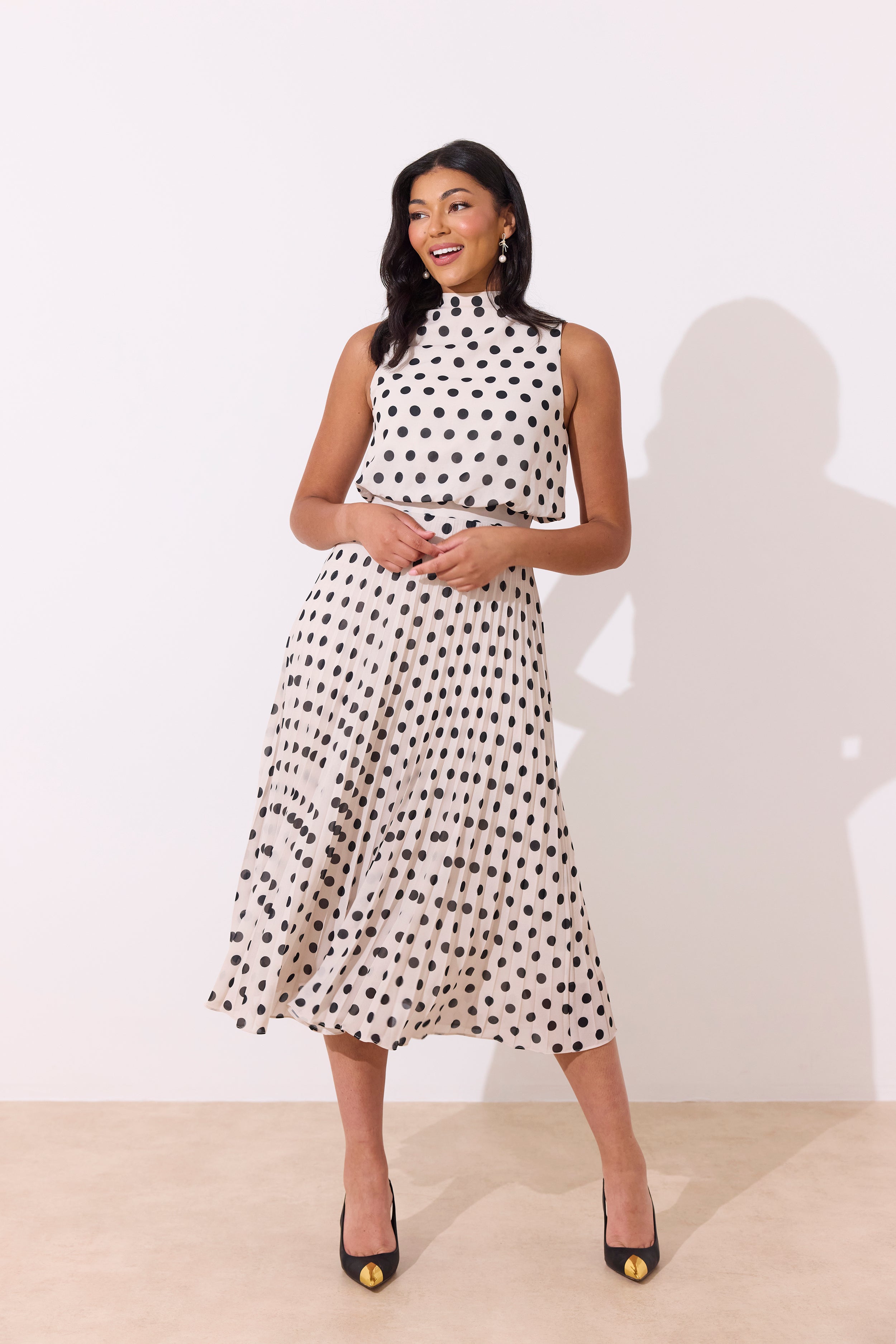 MILLY PLEAT SKIRT POLKA DOT MIDI DRESS - IVORY BLACK