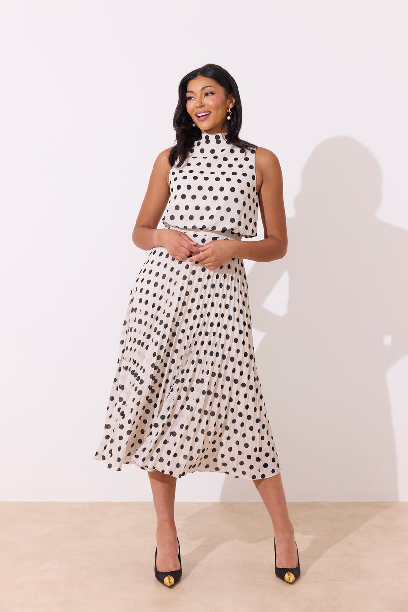 MILLY PLEAT SKIRT POLKA DOT MIDI DRESS - IVORY BLACK