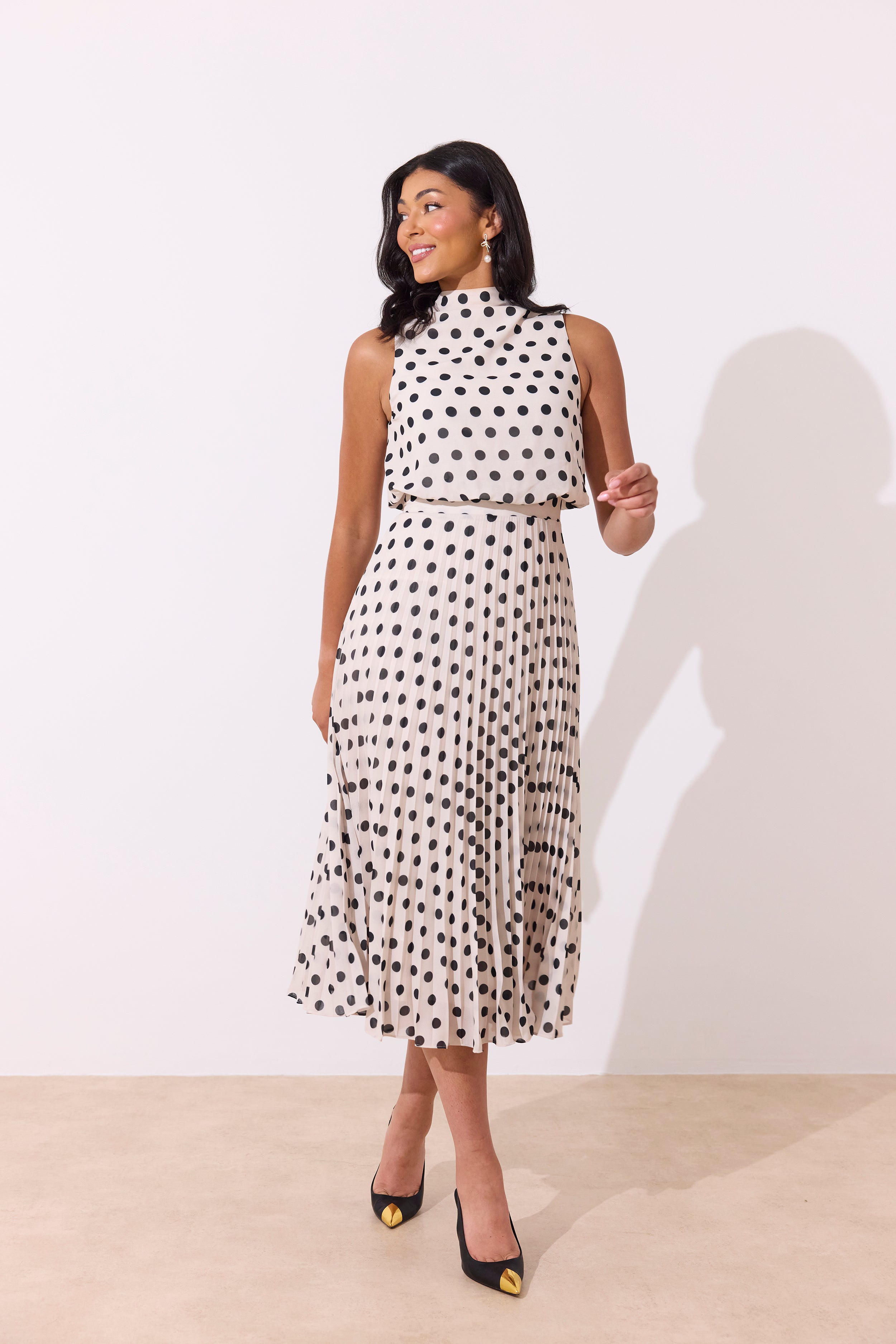 MILLY PLEAT SKIRT POLKA DOT MIDI DRESS - IVORY BLACK