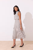 MILLY PLEAT SKIRT POLKA DOT MIDI DRESS - IVORY BLACK