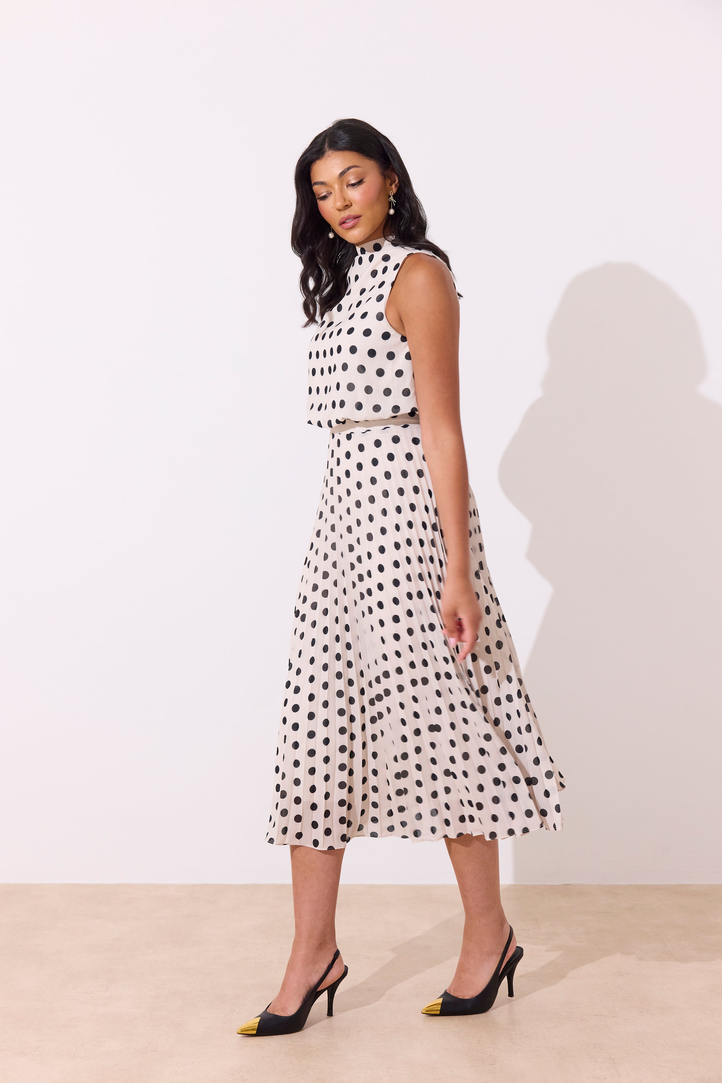 MILLY PLEAT SKIRT POLKA DOT MIDI DRESS - IVORY BLACK