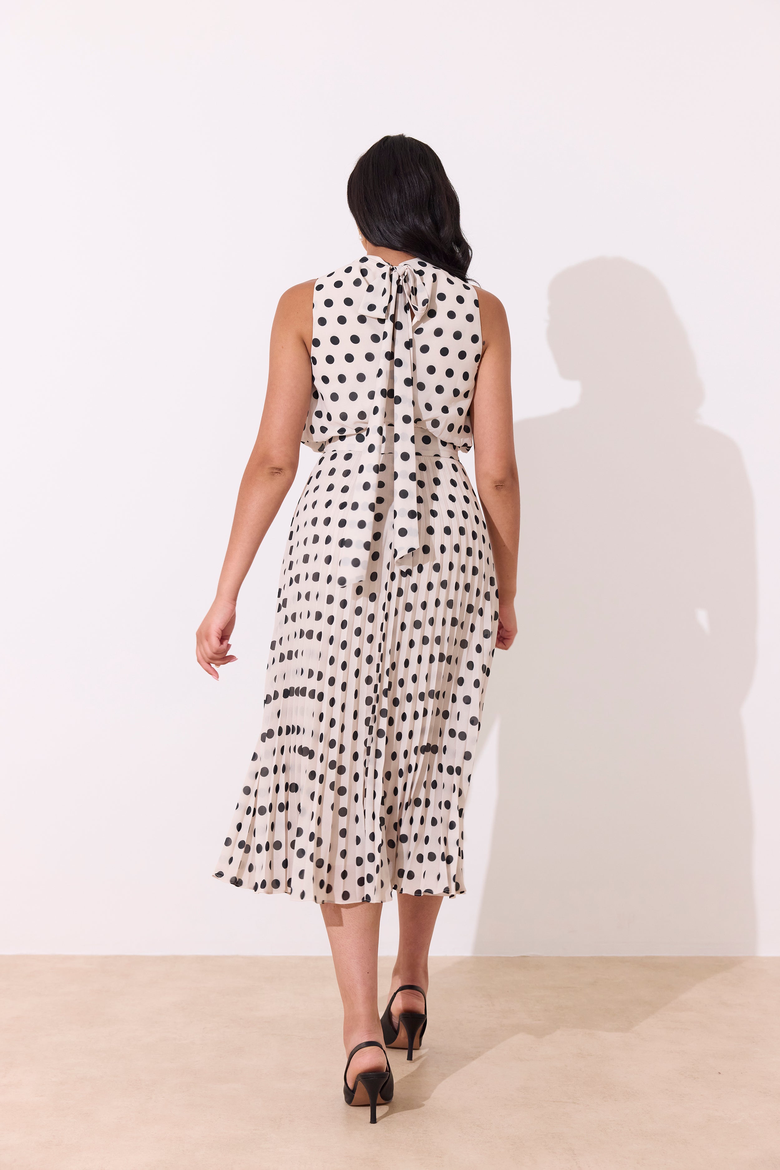MILLY PLEAT SKIRT POLKA DOT MIDI DRESS - IVORY BLACK