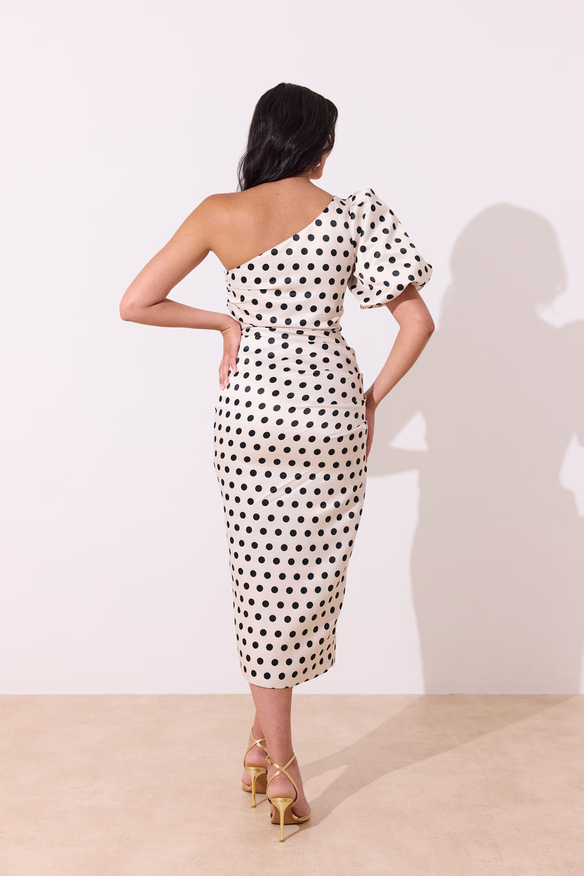 DIANA 1 SHOULDER RUCHE MIDI - CHAMPAGNE IVORY POLKA DOT