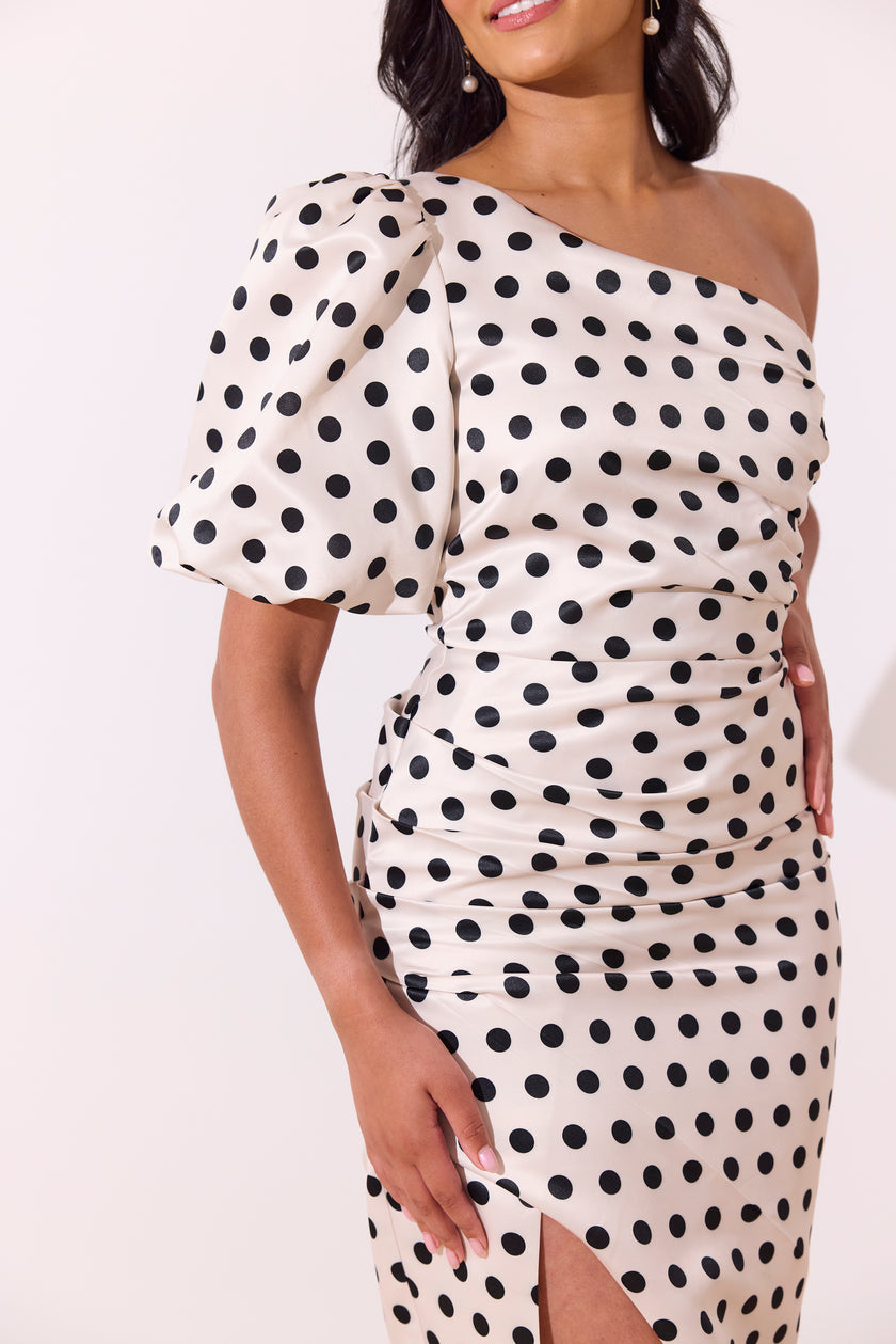 DIANA 1 SHOULDER RUCHE MIDI - CHAMPAGNE IVORY POLKA DOT