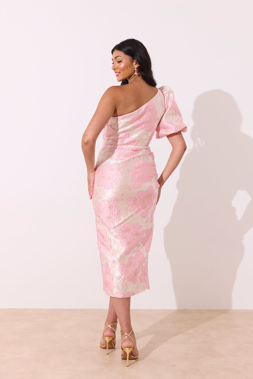 DIANA 1 SHOULDER RUCHE MIDI DRESS - PINK METALLIC