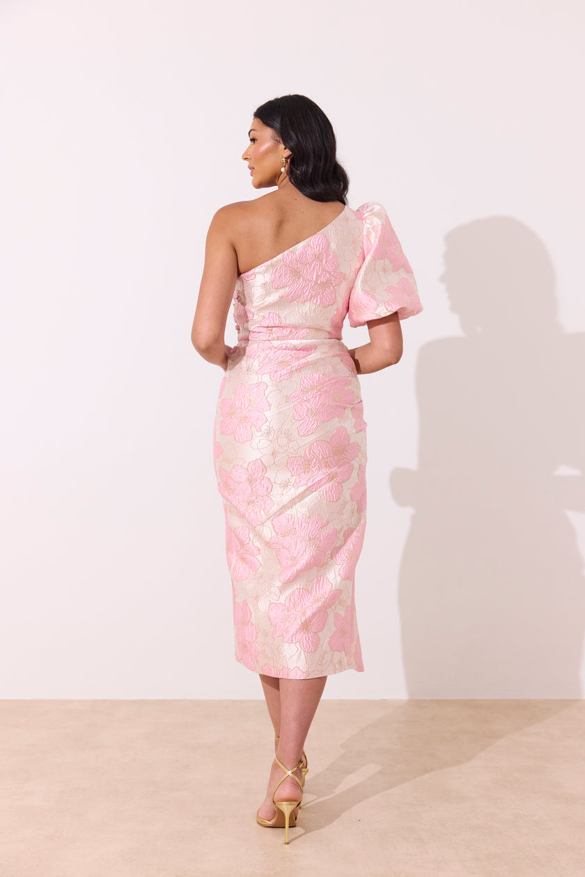 DIANA 1 SHOULDER RUCHE MIDI DRESS - PINK METALLIC