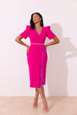 VIVIENNE PUFF SLEEVE FEATHER DRESS - HOT PINK