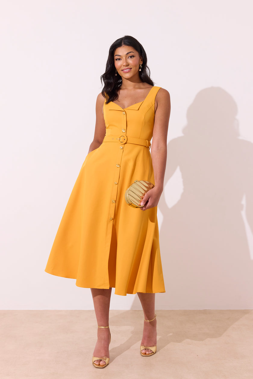 SAFFIRA BELTED FULL SKIRT MIDI DRESS SUNSHINE ORANGE – 8thsign