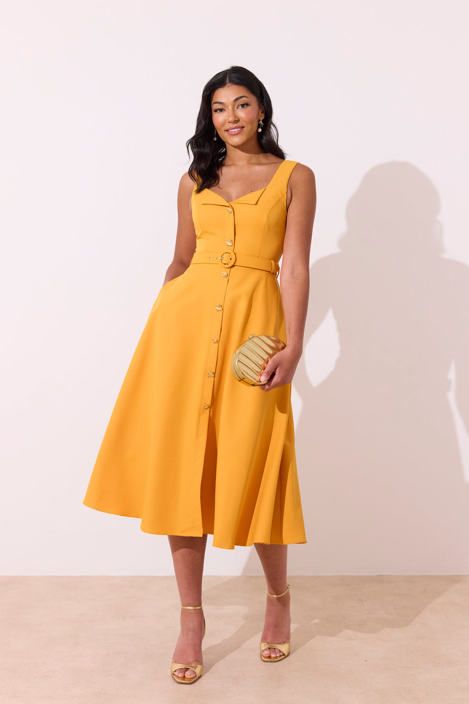 SAFFIRA BELTED FULL SKIRT MIDI DRESS - SUNSHINE ORANGE