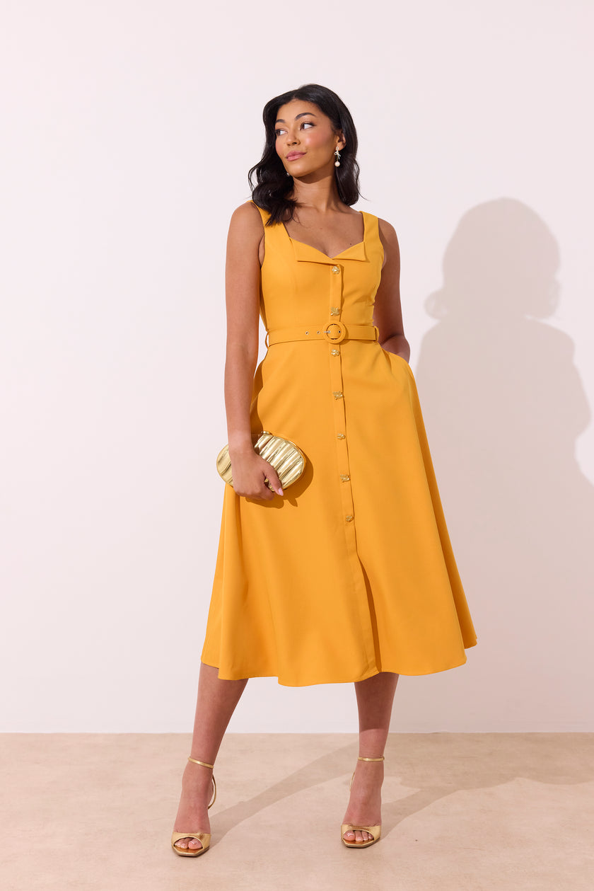 SAFFIRA BELTED FULL SKIRT MIDI DRESS - SUNSHINE ORANGE
