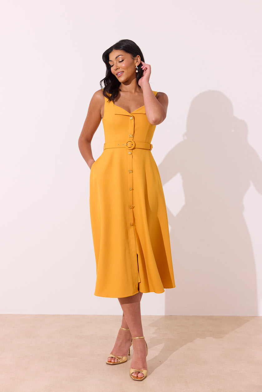 SAFFIRA BELTED FULL SKIRT MIDI DRESS - SUNSHINE ORANGE