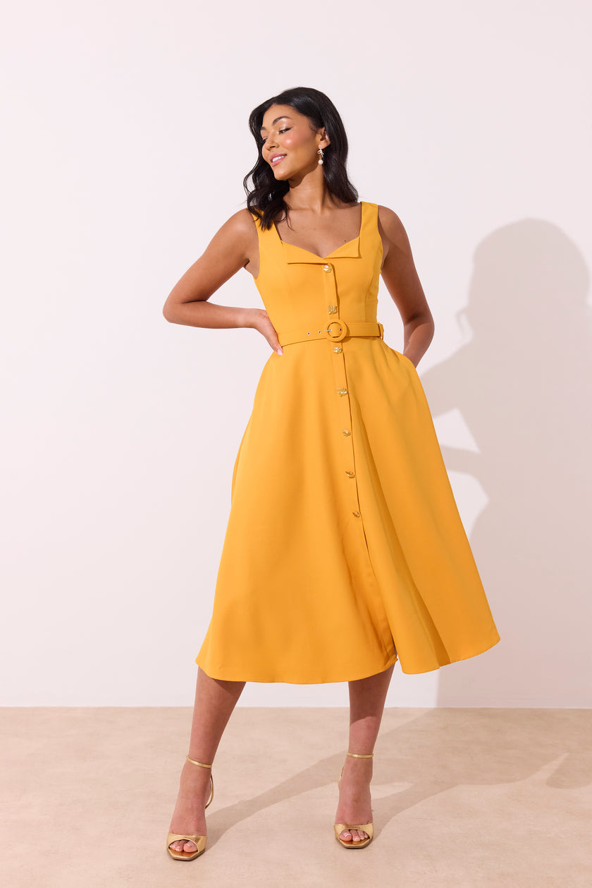 SAFFIRA BELTED FULL SKIRT MIDI DRESS - SUNSHINE ORANGE