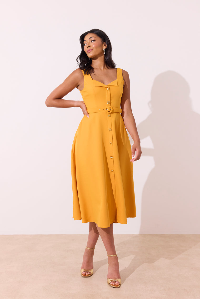 SAFFIRA BELTED FULL SKIRT MIDI DRESS - SUNSHINE ORANGE