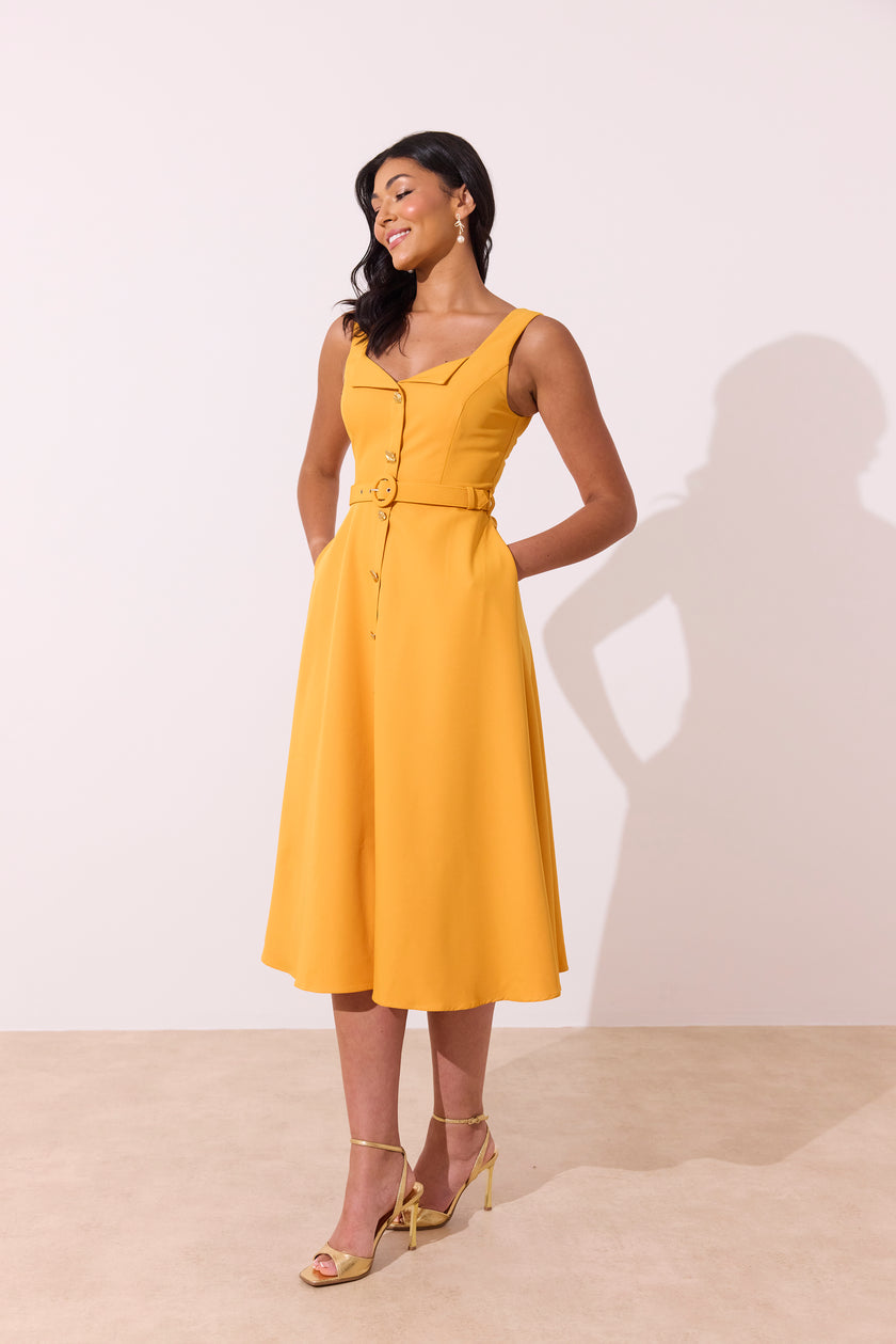 SAFFIRA BELTED FULL SKIRT MIDI DRESS - SUNSHINE ORANGE