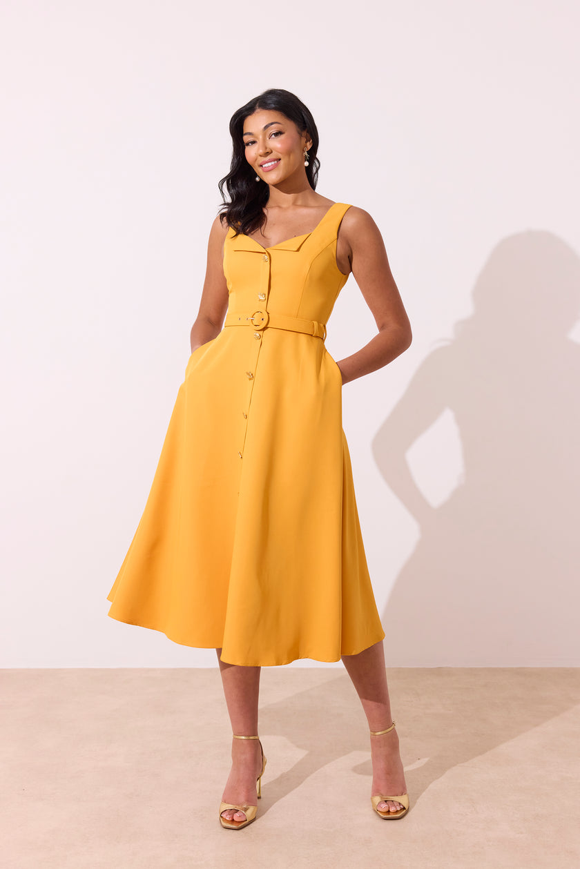 SAFFIRA BELTED FULL SKIRT MIDI DRESS - SUNSHINE ORANGE