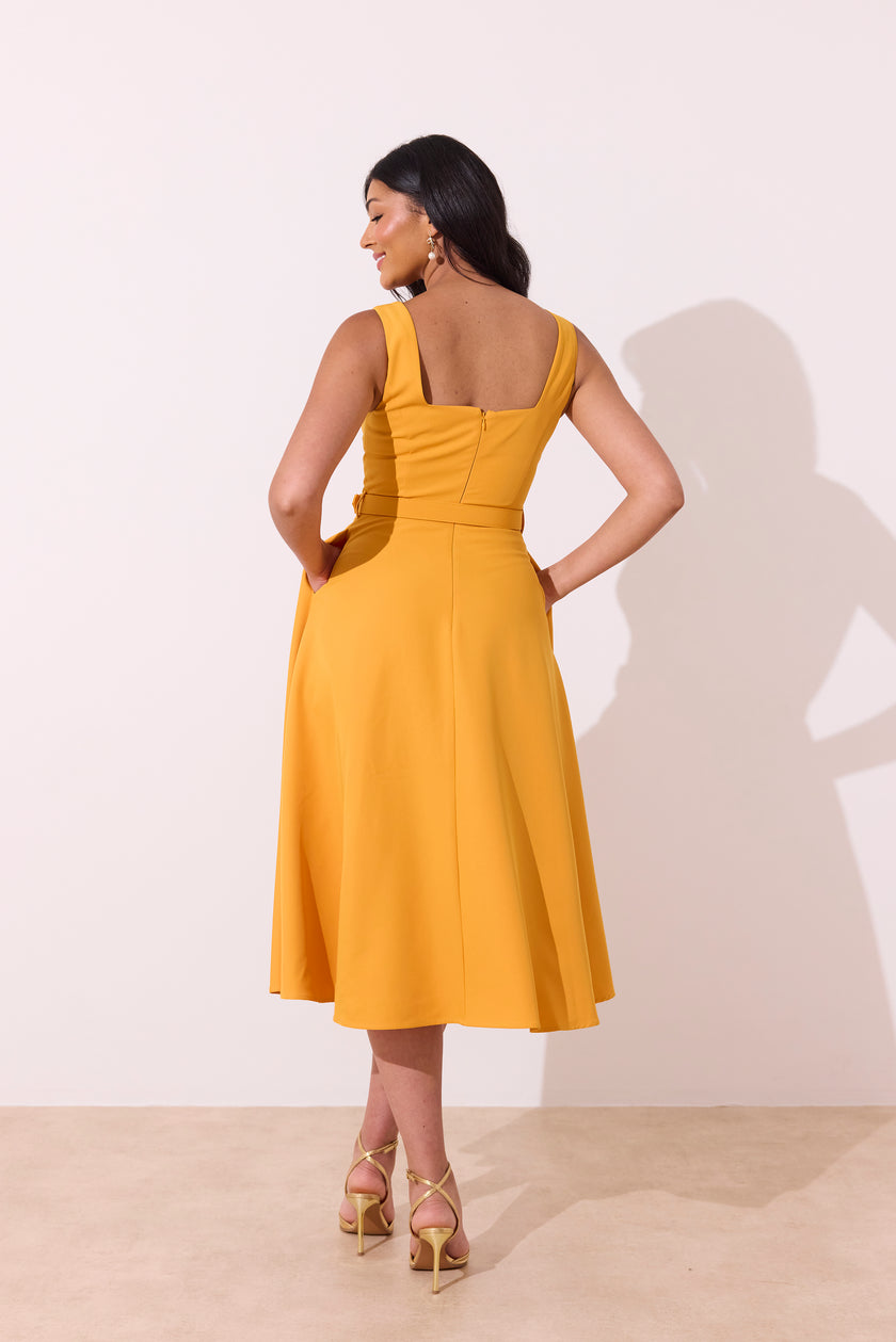 SAFFIRA BELTED FULL SKIRT MIDI DRESS - SUNSHINE ORANGE