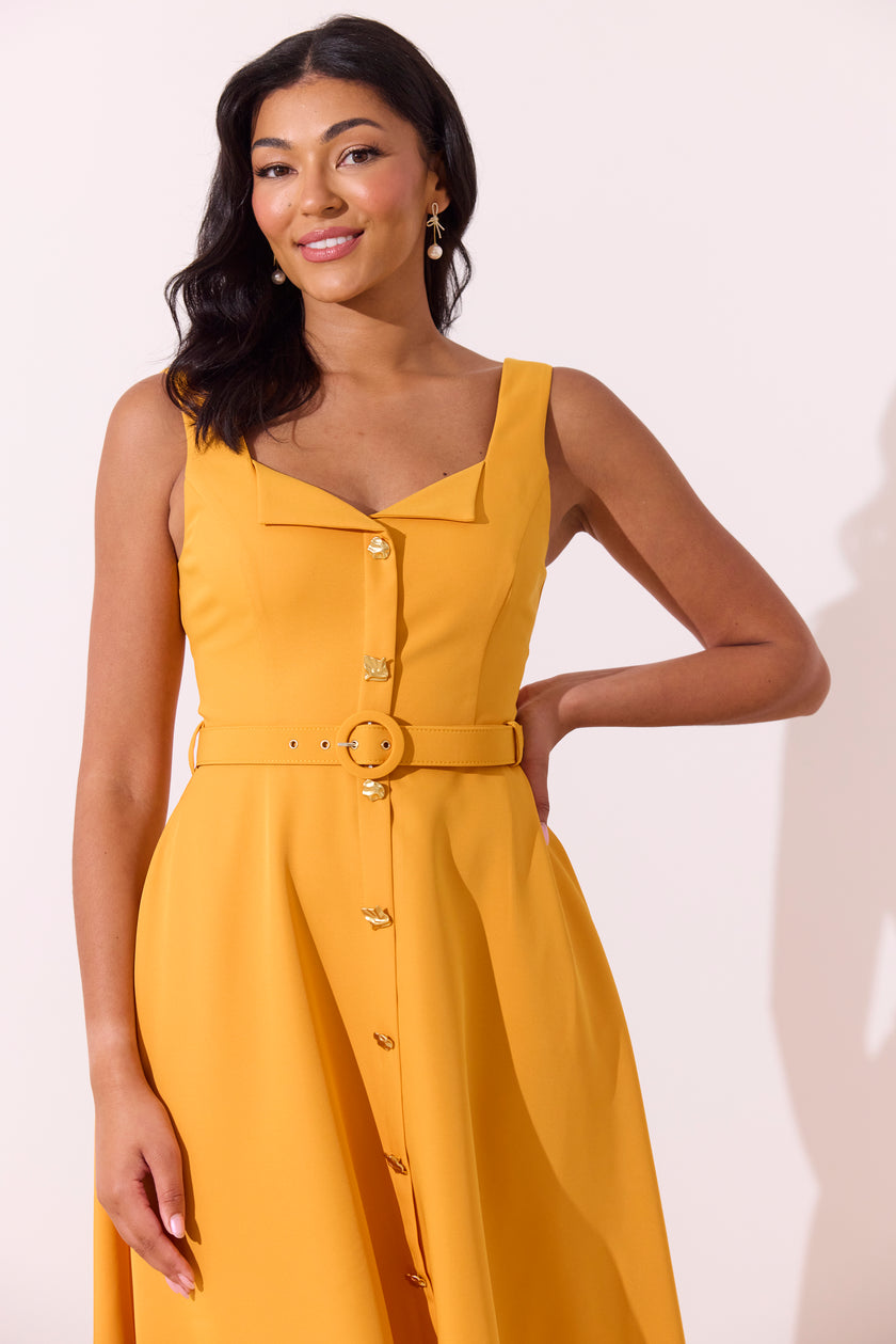 SAFFIRA BELTED FULL SKIRT MIDI DRESS - SUNSHINE ORANGE