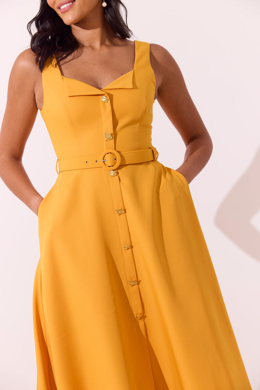 SAFFIRA BELTED FULL SKIRT MIDI DRESS - SUNSHINE ORANGE