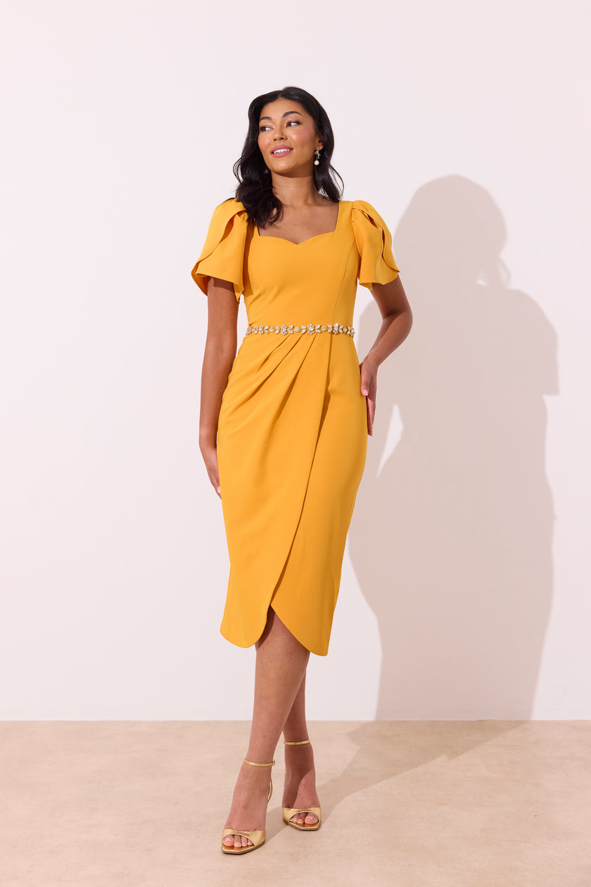 SOLANA EMBELLISHED WAIST TULIP SKIRT MIDI - SUNSHINE ORANGE