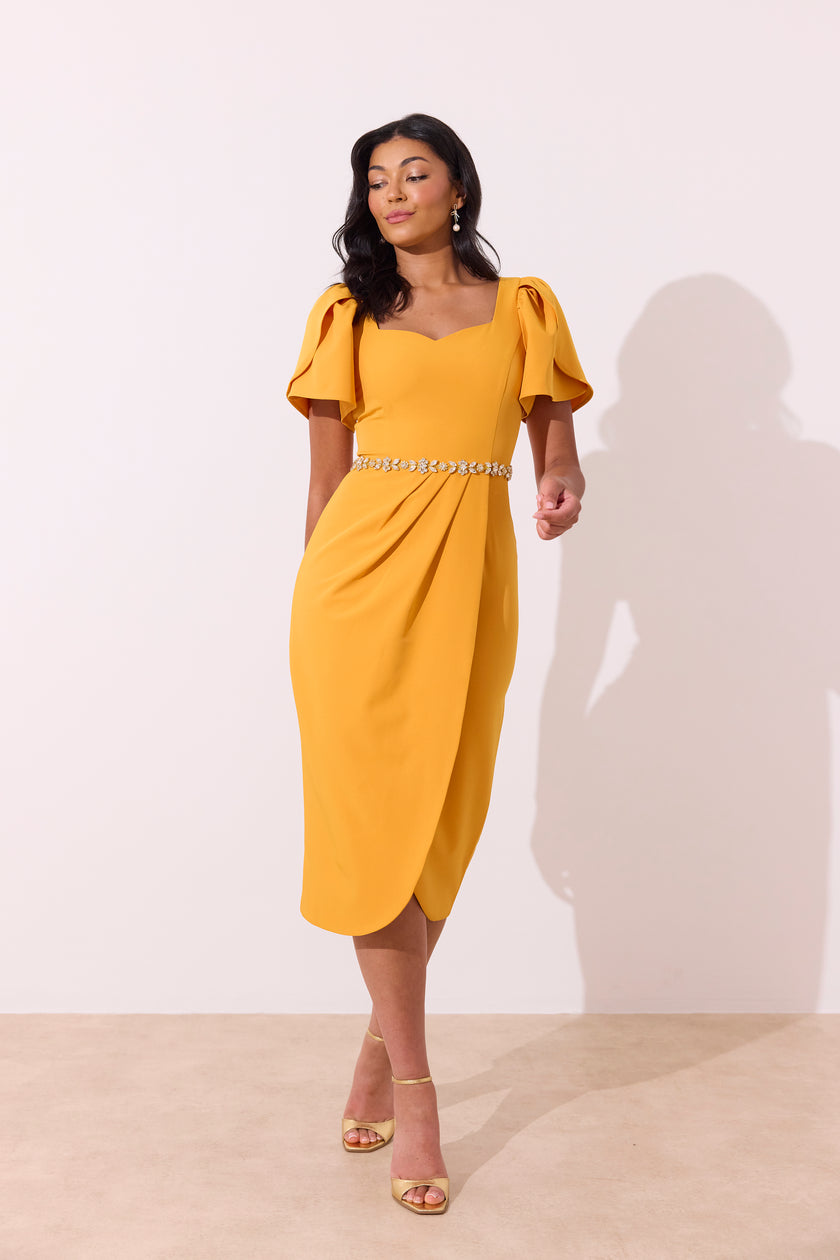 SOLANA EMBELLISHED WAIST TULIP SKIRT MIDI - SUNSHINE ORANGE