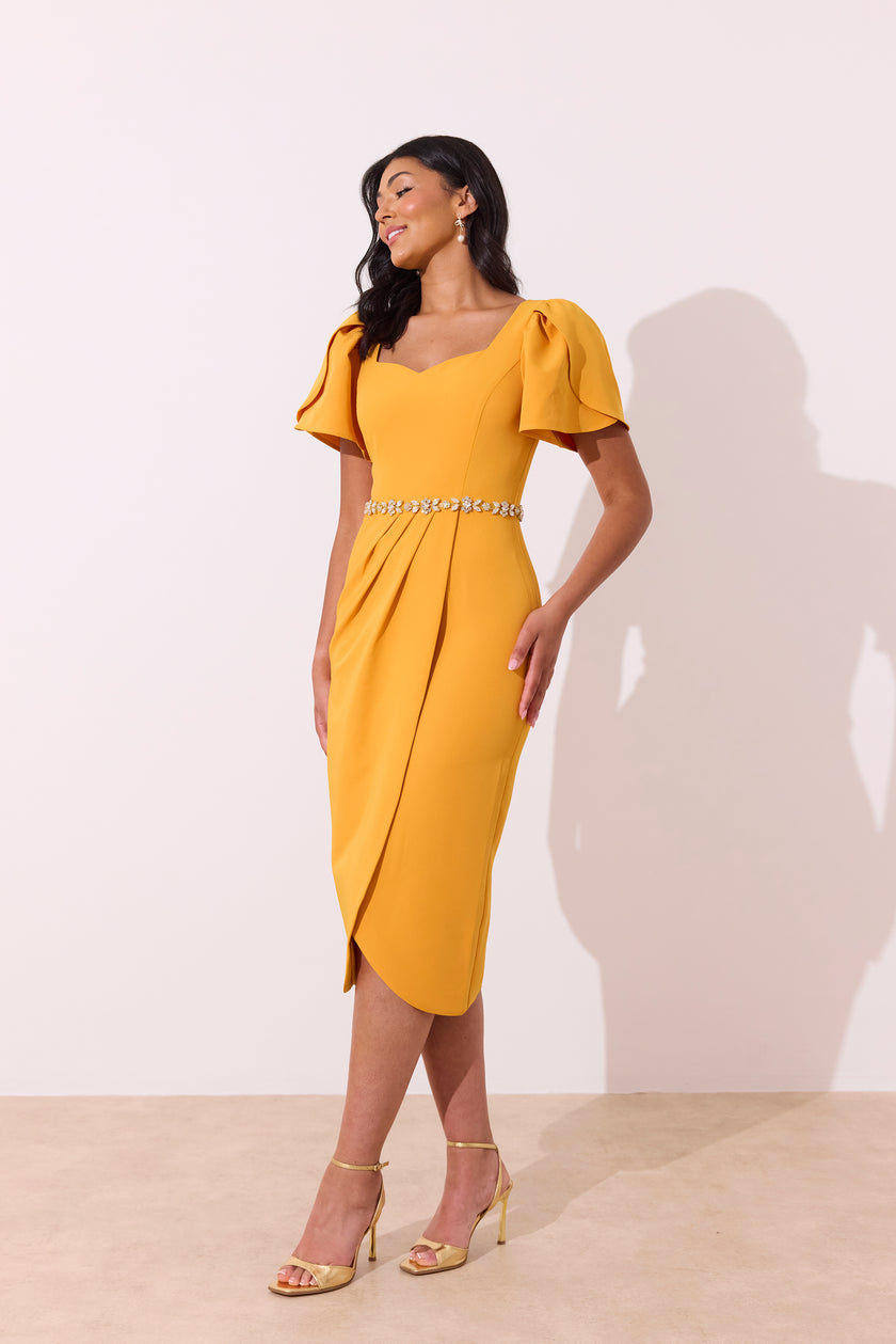SOLANA EMBELLISHED WAIST TULIP SKIRT MIDI - SUNSHINE ORANGE