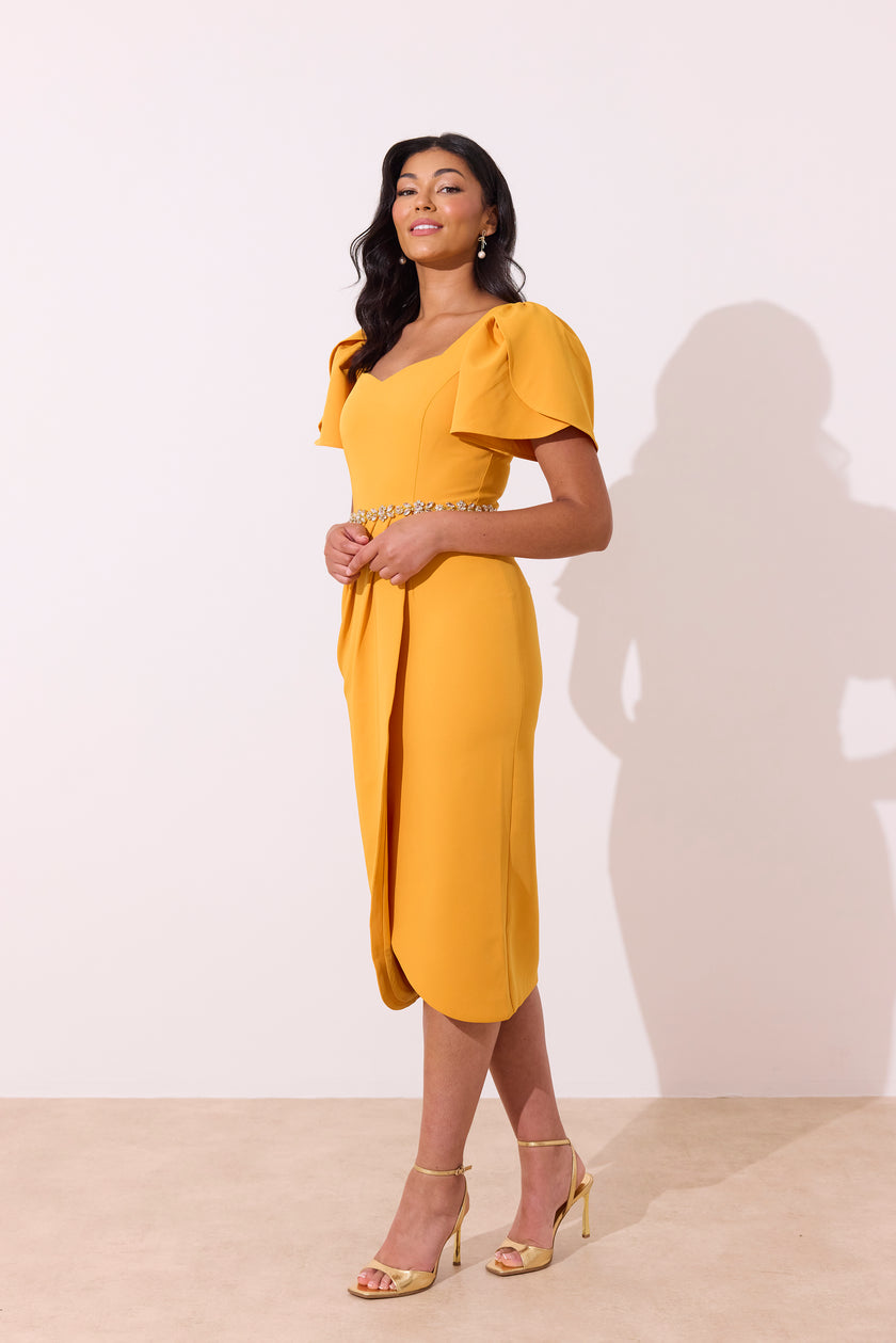 SOLANA EMBELLISHED WAIST TULIP SKIRT MIDI - SUNSHINE ORANGE