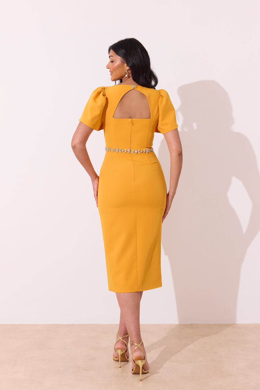 SOLANA EMBELLISHED WAIST TULIP SKIRT MIDI - SUNSHINE ORANGE