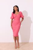 FRANCES LACE PUFF SLEEVE MIDI DRESS - CORAL PINK