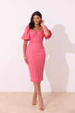 FRANCES LACE PUFF SLEEVE MIDI DRESS - CORAL PINK