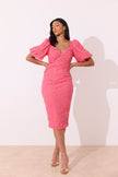 FRANCES LACE PUFF SLEEVE MIDI DRESS - CORAL PINK