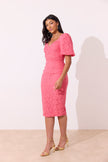 FRANCES LACE PUFF SLEEVE MIDI DRESS - CORAL PINK