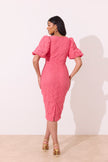 FRANCES LACE PUFF SLEEVE MIDI DRESS - CORAL PINK