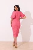 FRANCES LACE PUFF SLEEVE MIDI DRESS - CORAL PINK