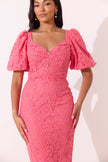 FRANCES LACE PUFF SLEEVE MIDI DRESS - CORAL PINK