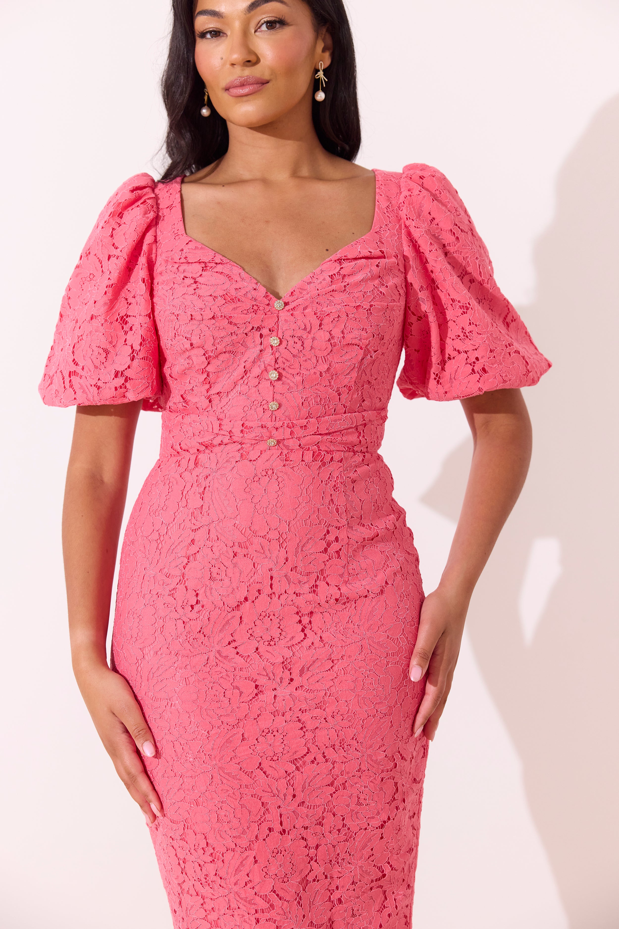 FRANCES LACE PUFF SLEEVE MIDI DRESS - CORAL PINK