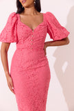 FRANCES LACE PUFF SLEEVE MIDI DRESS - CORAL PINK
