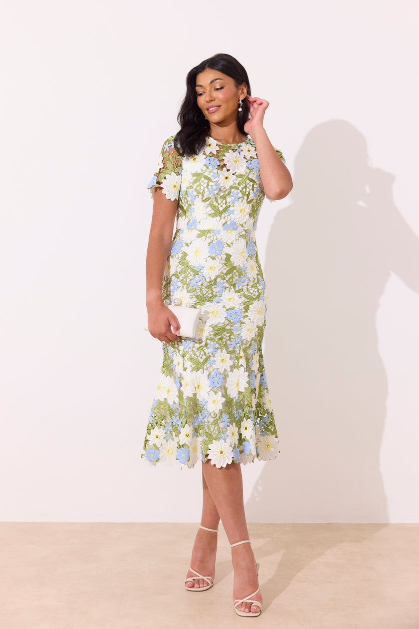 HELENA LACE FISHTAIL SWEETHEART MIDI - BLUE