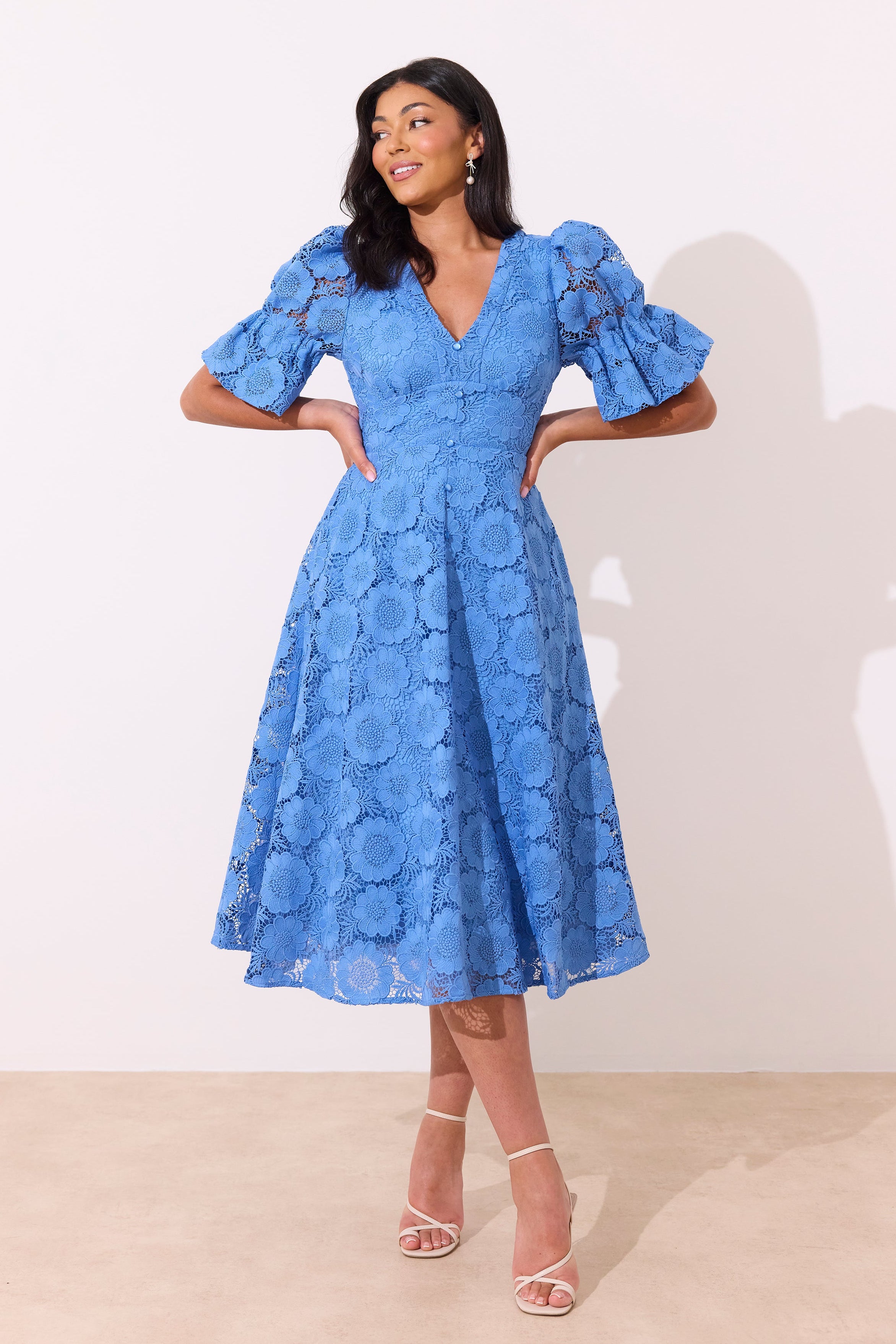 CALLIE CROCHET LACE MIDI DRESS - CORNFLOWER BLUE