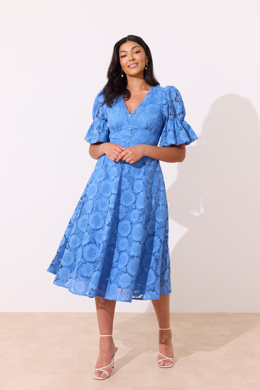CALLIE CROCHET LACE MIDI DRESS - CORNFLOWER BLUE