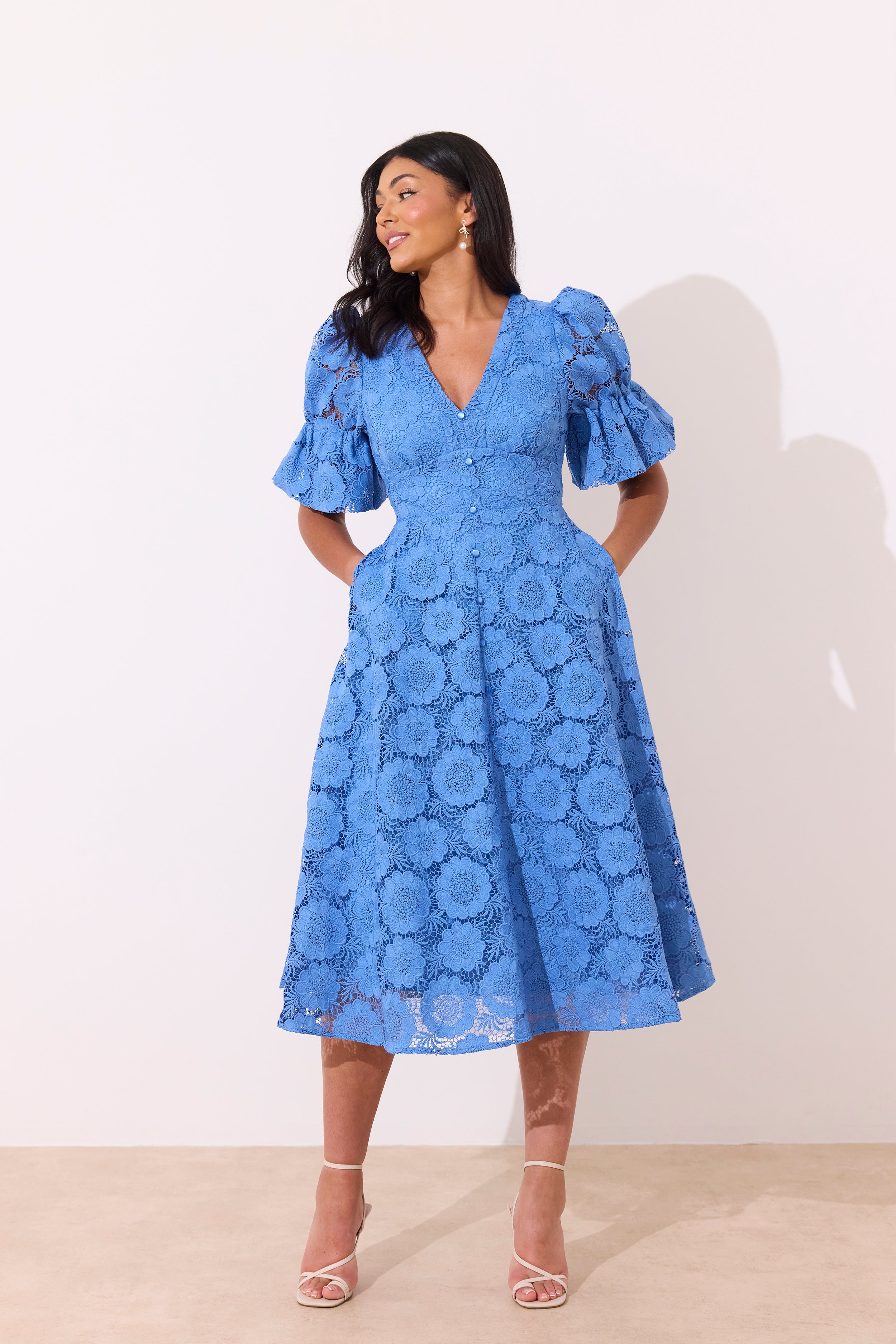 CALLIE CROCHET LACE MIDI DRESS - CORNFLOWER BLUE