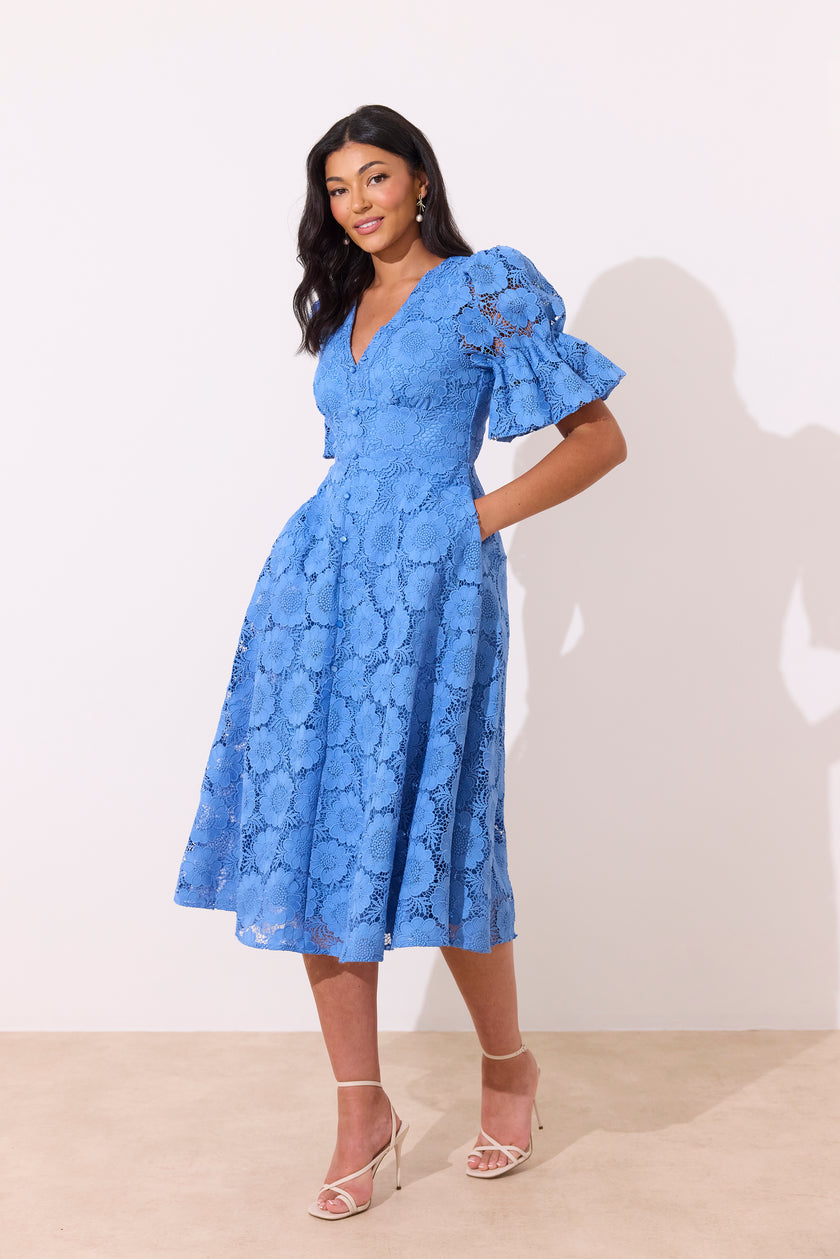CALLIE CROCHET LACE MIDI DRESS - CORNFLOWER BLUE