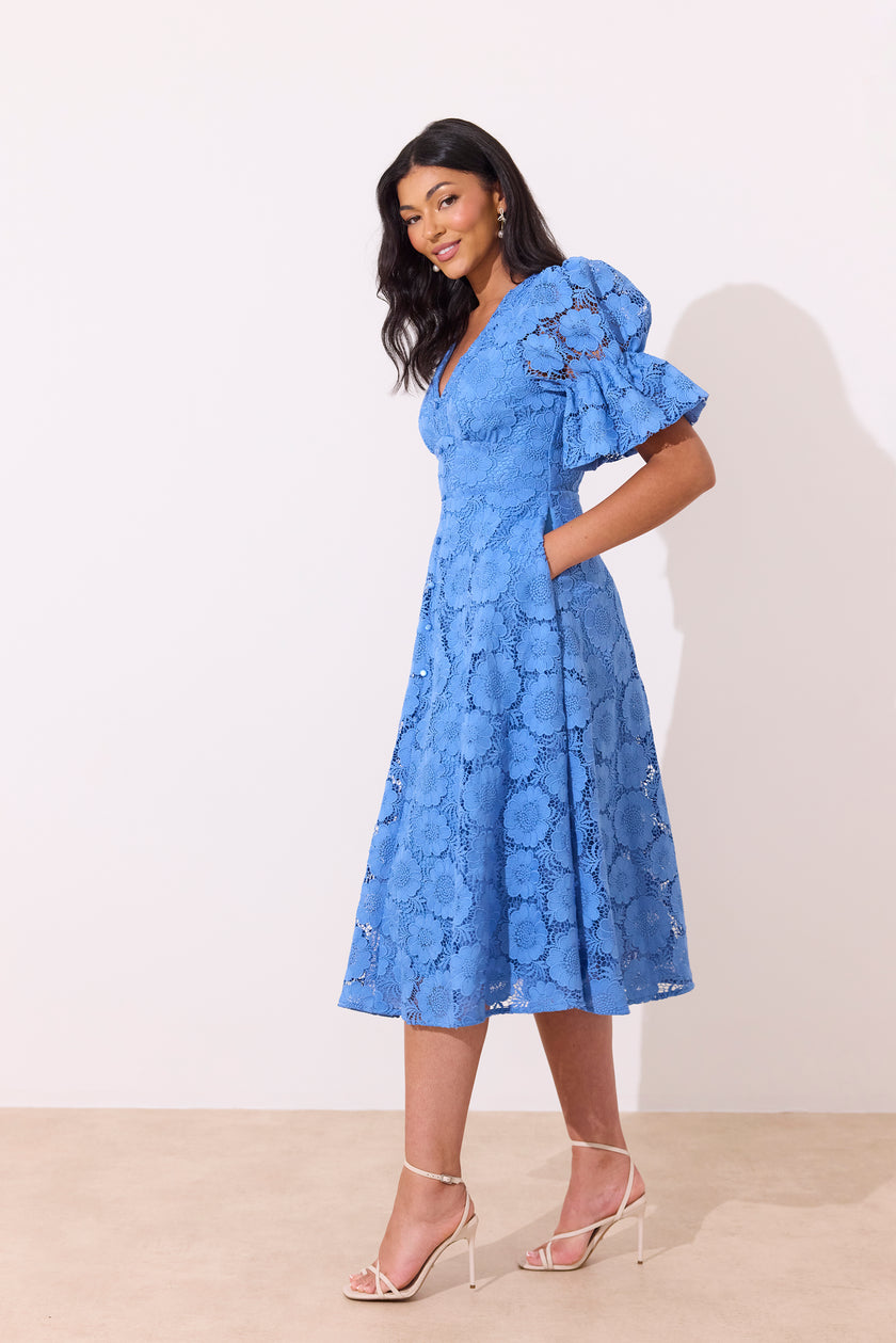 CALLIE CROCHET LACE MIDI DRESS - CORNFLOWER BLUE